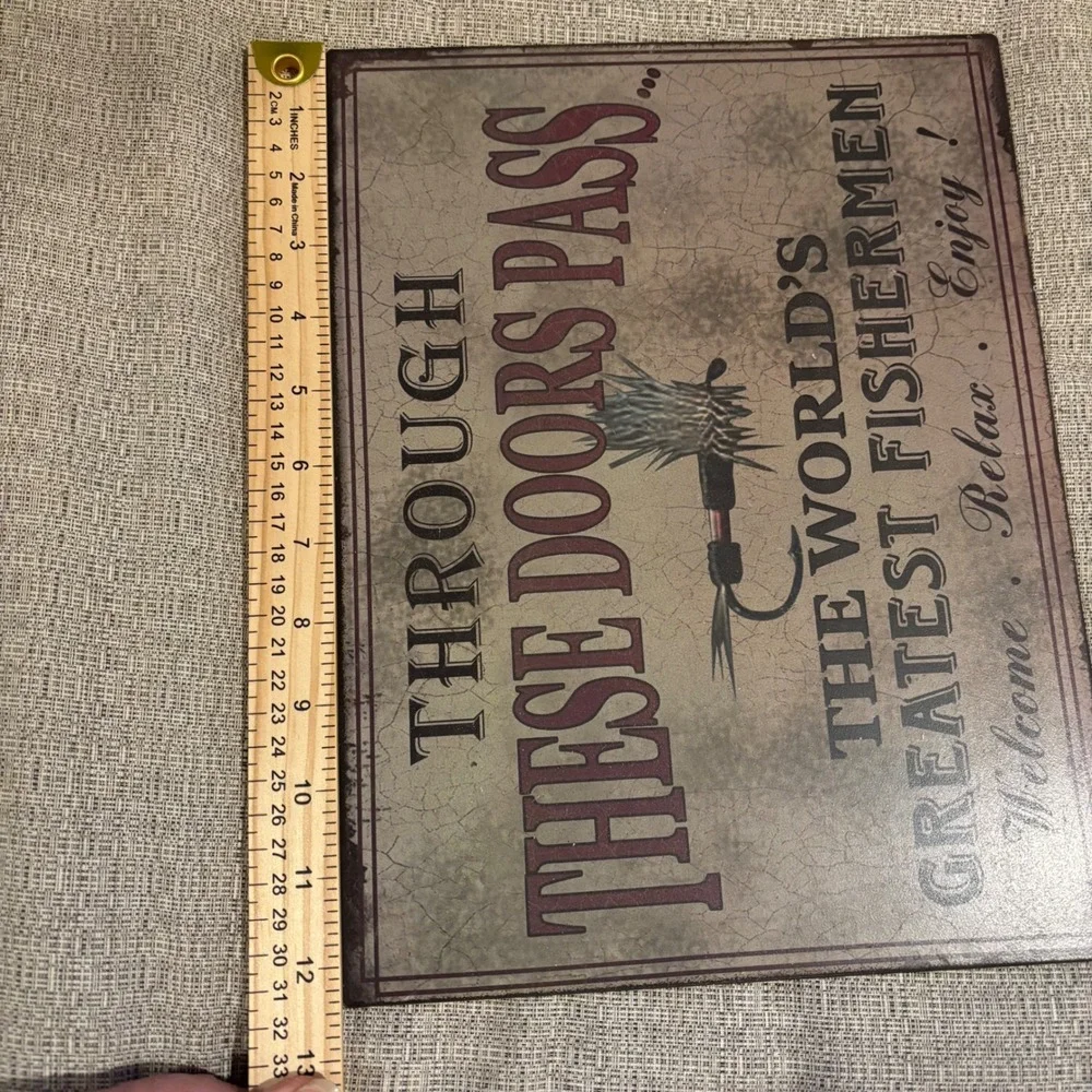 Rustic Fishing Sign The Worlds Greatest Fishermen Welcome Relax‎ Enjoy Tin Metal
